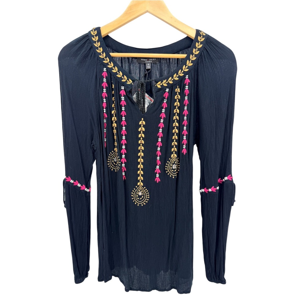 Romeo Juliet Couture Embroidered Boho Peasant Blouse S Black Tassel Tunic New